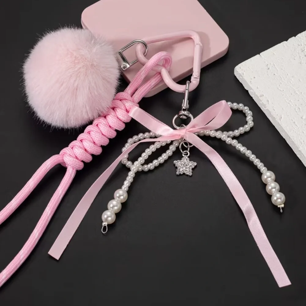 NEW Elegant Pink Fur Keychain with Pom Pom and Bow Pearls